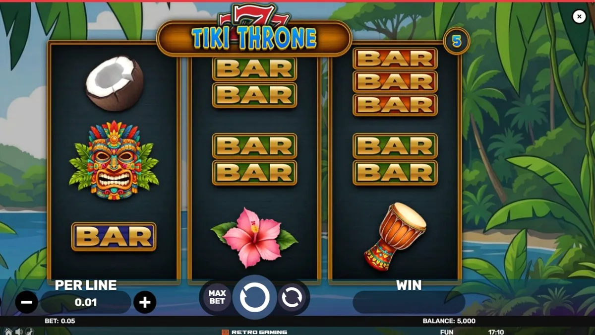 Tampilan visual slot 777 Tiki Throne dengan latar belakang pulau tropis dan simbol buah klasik