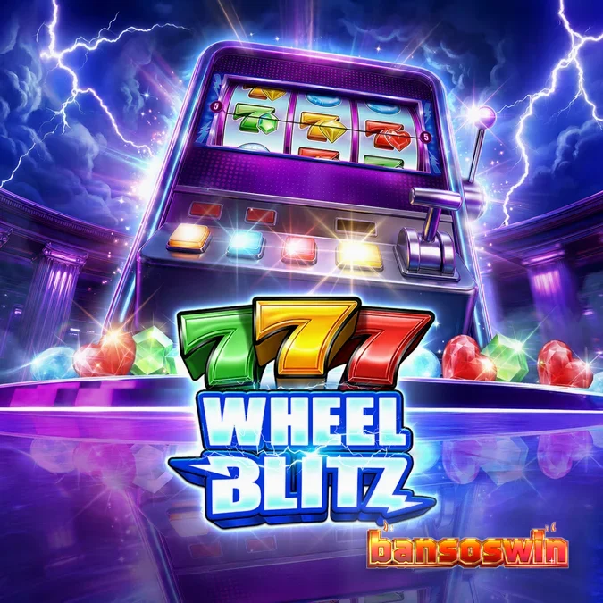 Tampilan visual mesin slot 777 Wheel Blitz dengan simbol permata dan roda bonus.